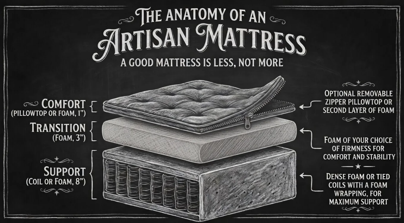 The Anatomy of an Artisan Mattress: diagram showing comfort, transition, and support layers with labels
