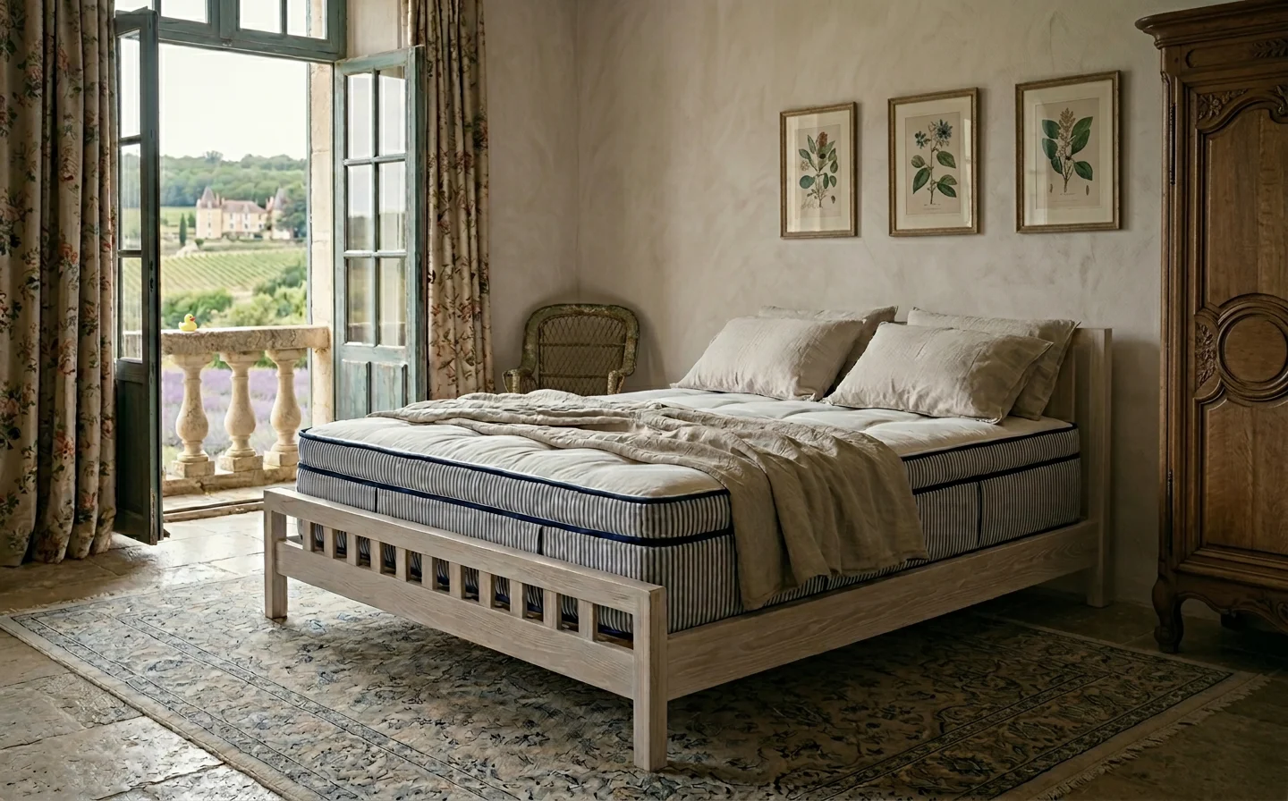 Beaumont Collection mattress in a French provincial bedroom overlooking a château and lavender fields